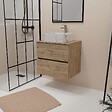 AURLANE - Meuble Salle de Bains 80cm 2 Tiroirs Chêne Naturel + Vasque Carrée 38x38x13cm Blanche Effet Marbre - vignette
