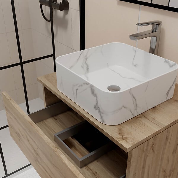 AURLANE - Meuble Salle de Bains 80cm 2 Tiroirs Chêne Naturel + Vasque Carrée 38x38x13cm Blanche Effet Marbre - large