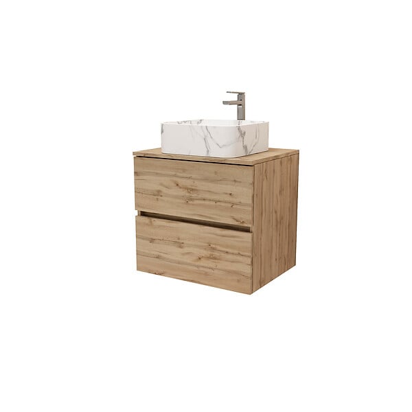 AURLANE - Meuble Salle de Bains 80cm 2 Tiroirs Chêne Naturel + Vasque Carrée 38x38x13cm Blanche Effet Marbre - large