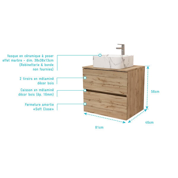 AURLANE - Meuble Salle de Bains 80cm 2 Tiroirs Chêne Naturel + Vasque Carrée 38x38x13cm Blanche Effet Marbre - large