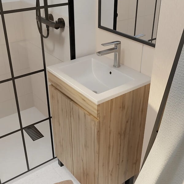 AURLANE - Meuble de Salle de Bains 50 cm Décor Chêne Naturel - Vasque Blanche et Miroir 50x70 avec Cadre Noir - large