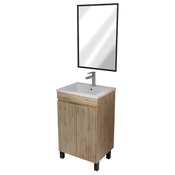 AURLANE - Meuble de Salle de Bains 50 cm Décor Chêne Naturel - Vasque Blanche et Miroir 50x70 avec Cadre Noir - large