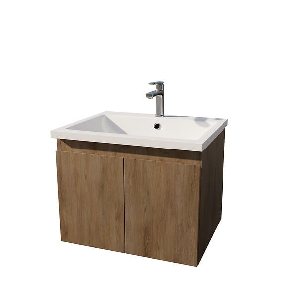 AURLANE - Meuble de salle de bains 60cm à Suspendre Décor Bois Clair - 2 Portes - Vasque Blanche - ELEMENTARY - large