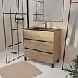 AURLANE - Meuble de salle de bains 80 cm 3 Tiroirs Chêne Naturel + Vasque Céramique Noire - TIMBER - vignette