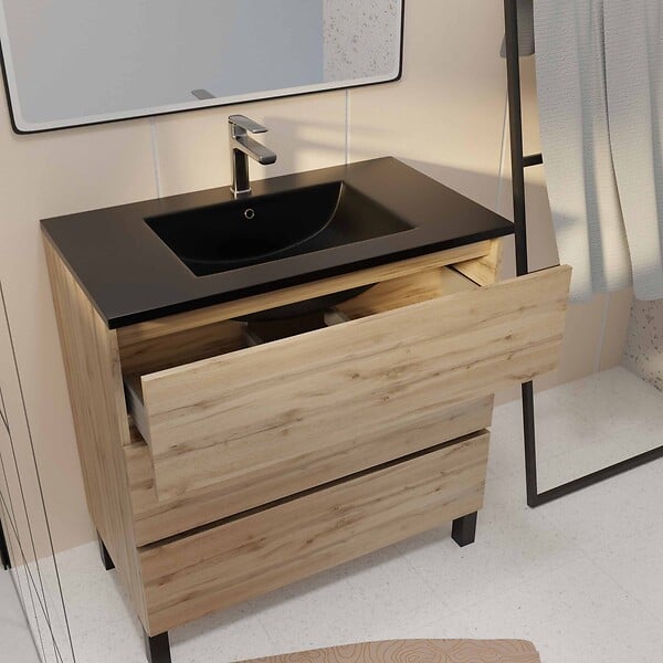 AURLANE - Meuble de salle de bains 80 cm 3 Tiroirs Chêne Naturel + Vasque Céramique Noire - TIMBER - large