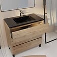 AURLANE - Meuble de salle de bains 80 cm 3 Tiroirs Chêne Naturel + Vasque Céramique Noire - TIMBER - vignette