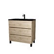 AURLANE - Meuble de salle de bains 80 cm 3 Tiroirs Chêne Naturel + Vasque Céramique Noire - TIMBER - vignette