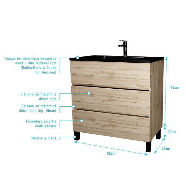 AURLANE - Meuble de salle de bains 80 cm 3 Tiroirs Chêne Naturel + Vasque Céramique Noire - TIMBER - large