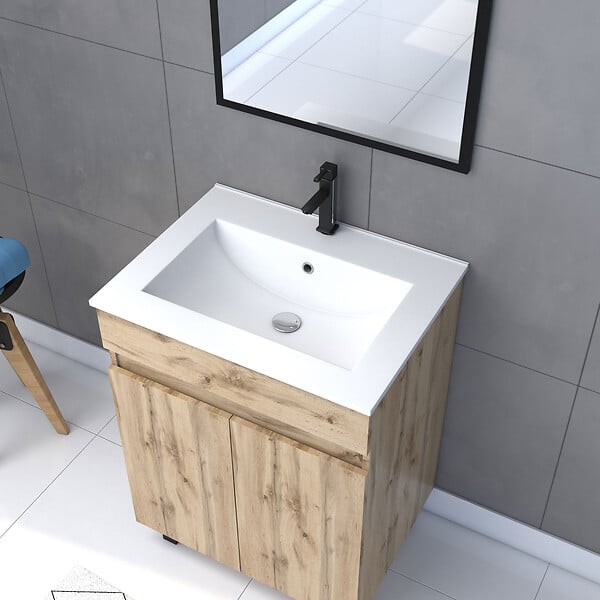 AURLANE - Meuble salle de bains 60cm décor chene naturel 2 portes - Vasque blanche et Miroir - TIMBER - large