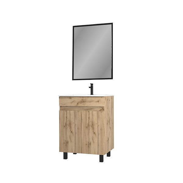 AURLANE - Meuble salle de bains 60cm décor chene naturel 2 portes - Vasque blanche et Miroir - TIMBER - large