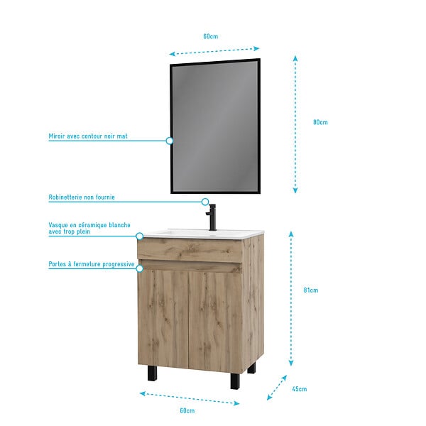 AURLANE - Meuble salle de bains 60cm décor chene naturel 2 portes - Vasque blanche et Miroir - TIMBER - large