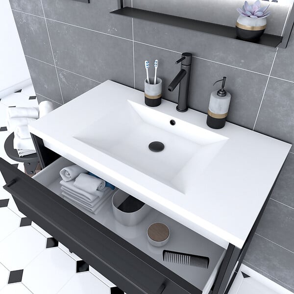 AURLANE - Meuble de salle de bain 80x50cm NOIR MAT - 2 tiroirs Noir mat - vasque blanche - STRUCTURA P054 - large