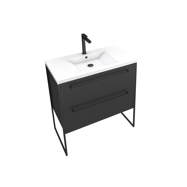 AURLANE - Meuble de salle de bain 80x50cm NOIR MAT - 2 tiroirs Noir mat - vasque blanche - STRUCTURA P054 - large