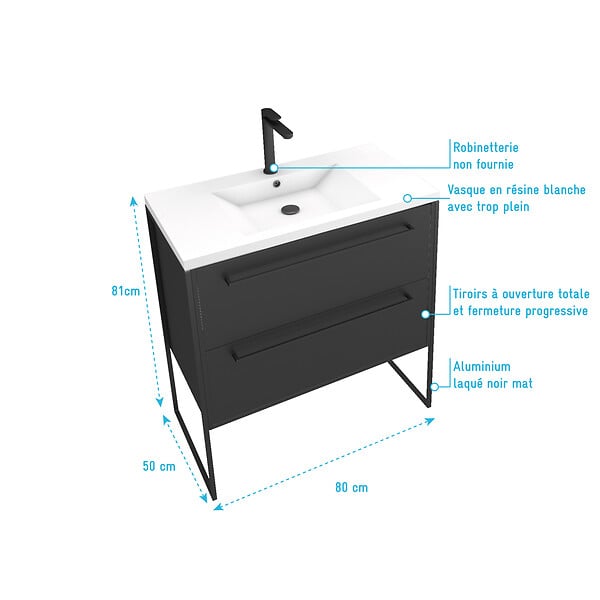 AURLANE - Meuble de salle de bain 80x50cm NOIR MAT - 2 tiroirs Noir mat - vasque blanche - STRUCTURA P054 - large