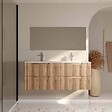 AURLANE - Meuble de Salle de Bains LEON 120cm Décor Bois - 4 Tiroirs en MDF Ondulés - Vasque à encastrer - vignette