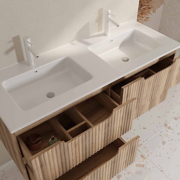 AURLANE - Meuble de Salle de Bains LEON 120cm Décor Bois - 4 Tiroirs en MDF Ondulés - Vasque à encastrer - large