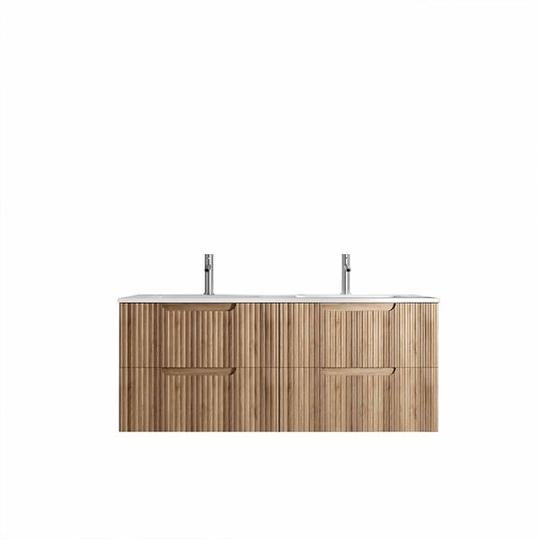 AURLANE - Meuble de Salle de Bains LEON 120cm Décor Bois - 4 Tiroirs en MDF Ondulés - Vasque à encastrer - large