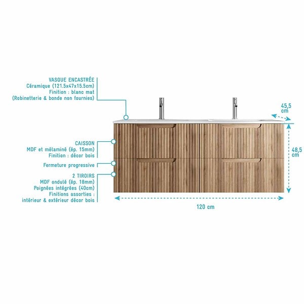 AURLANE - Meuble de Salle de Bains LEON 120cm Décor Bois - 4 Tiroirs en MDF Ondulés - Vasque à encastrer - large