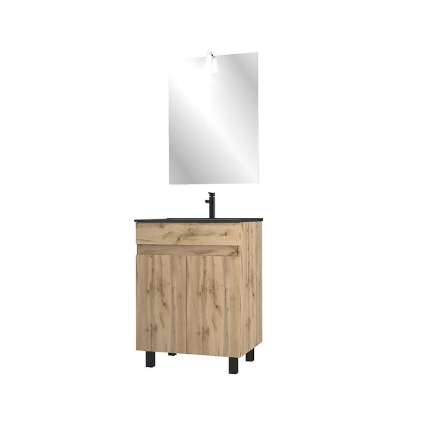 AURLANE - Meuble salle de bain 60x80 - Finition chene naturel + vasque noire + miroir Led - TIMBER 60 - Pack19 - large