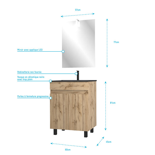 AURLANE - Meuble salle de bain 60x80 - Finition chene naturel + vasque noire + miroir Led - TIMBER 60 - Pack19 - large