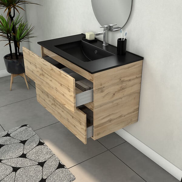 AURLANE - Meuble Salle de Bains 80cm 2 Tiroirs Chêne Naturel + Vasque Noire et Miroir Ovale - large