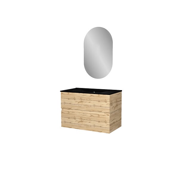 AURLANE - Meuble Salle de Bains 80cm 2 Tiroirs Chêne Naturel + Vasque Noire et Miroir Ovale - large