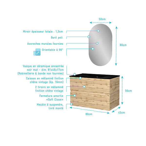 AURLANE - Meuble Salle de Bains 80cm 2 Tiroirs Chêne Naturel + Vasque Noire et Miroir Ovale - large
