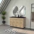 AURLANE - Meuble Salle de Bains 120cm 4 Portes Chêne Naturel + Vasque Noire et Miroirs Ovales - vignette