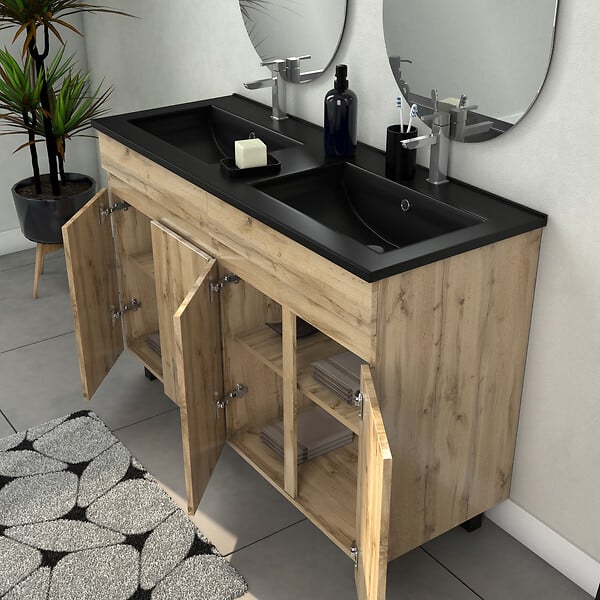 AURLANE - Meuble Salle de Bains 120cm 4 Portes Chêne Naturel + Vasque Noire et Miroirs Ovales - large