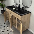 AURLANE - Meuble Salle de Bains 120cm 4 Portes Chêne Naturel + Vasque Noire et Miroirs Ovales - vignette