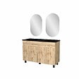 AURLANE - Meuble Salle de Bains 120cm 4 Portes Chêne Naturel + Vasque Noire et Miroirs Ovales - vignette