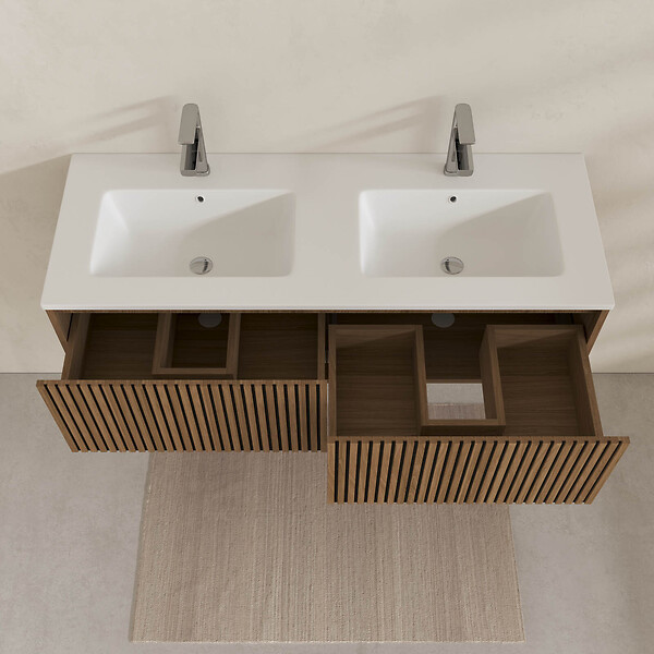 AURLANE - Meuble Salle de Bains YUKI 120 2 Tiroirs Décor Chêne et Noir - Vasque Blanche - Miroirs Ovales 50x80 - large