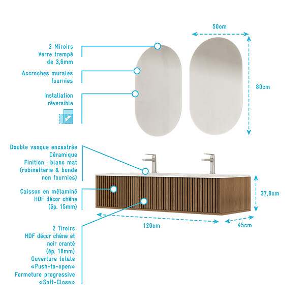 AURLANE - Meuble Salle de Bains YUKI 120 2 Tiroirs Décor Chêne et Noir - Vasque Blanche - Miroirs Ovales 50x80 - large