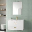 AURLANE - Meuble Salle de Bains 80 cm Laqué Blanc et Or Doré à Tiroirs avec Vasque Céramique et Miroir - vignette