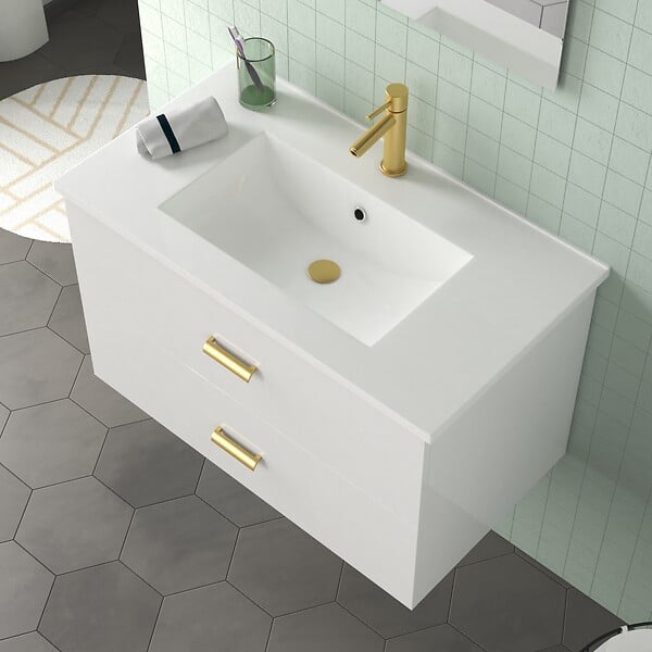 AURLANE - Meuble Salle de Bains 80 cm Laqué Blanc et Or Doré à Tiroirs avec Vasque Céramique et Miroir - large