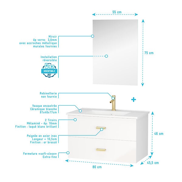 AURLANE - Meuble Salle de Bains 80 cm Laqué Blanc et Or Doré à Tiroirs avec Vasque Céramique et Miroir - large