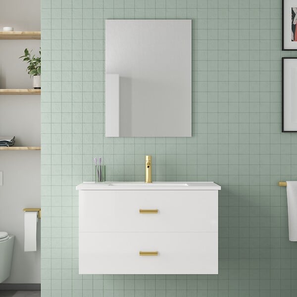 AURLANE - Meuble Salle de Bains 80 cm Laqué Blanc et Or Doré à Tiroirs avec Vasque Céramique et Miroir - large