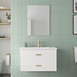 AURLANE - Meuble Salle de Bains 80 cm Laqué Blanc et Or Doré à Tiroirs avec Vasque Céramique et Miroir - vignette