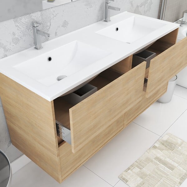AURLANE - Meuble Salle de Bains 120 cm Chêne Clair 4 Tiroirs, Vasque, Miroirs 60x80 et Réglettes Led - XENOS - large