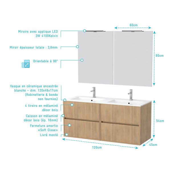 AURLANE - Meuble Salle de Bains 120 cm Chêne Clair 4 Tiroirs, Vasque, Miroirs 60x80 et Réglettes Led - XENOS - large