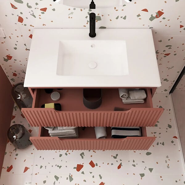 AURLANE - Meuble de Salle de Bains LEON 80cm Terracotta - 2 Tiroirs en MDF Ondulés - Vasque à encastrer - large
