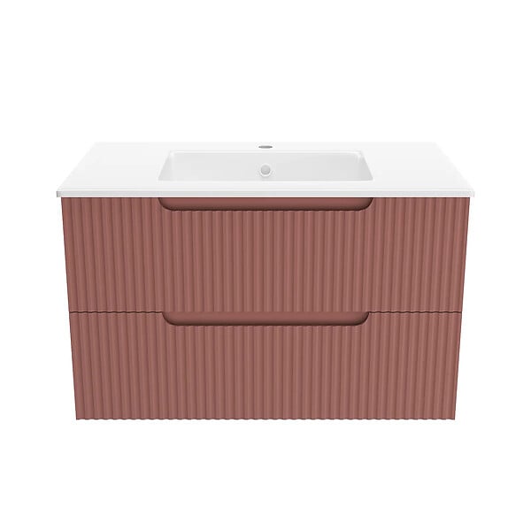 AURLANE - Meuble de Salle de Bains LEON 80cm Terracotta - 2 Tiroirs en MDF Ondulés - Vasque à encastrer - large