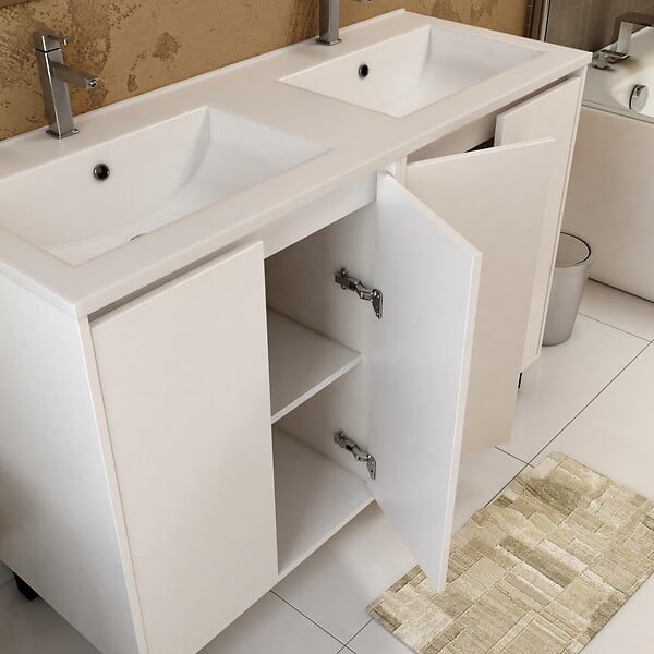 AURLANE - Meuble Salle de Bains 120 cm Laqué Blanc 4 Portes, Vasque, Miroirs 60x80 et Réglettes Led - XENOS - large