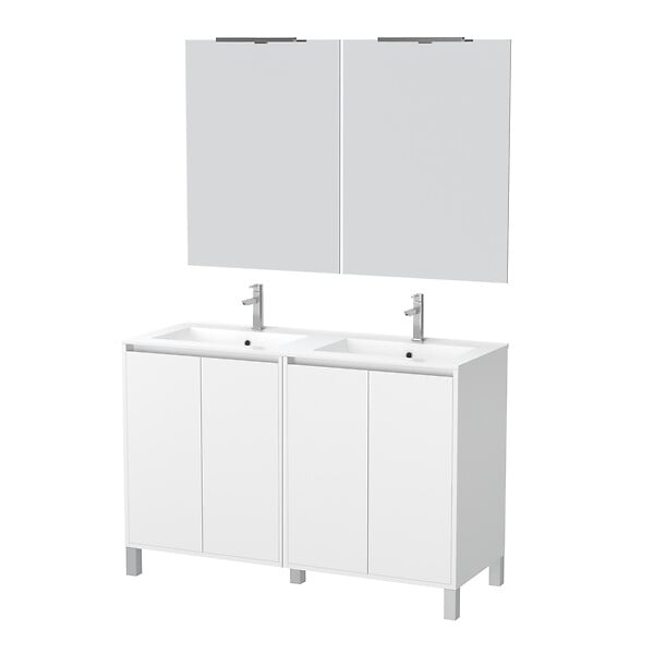AURLANE - Meuble Salle de Bains 120 cm Laqué Blanc 4 Portes, Vasque, Miroirs 60x80 et Réglettes Led - XENOS - large
