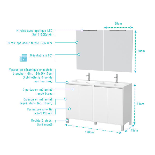 AURLANE - Meuble Salle de Bains 120 cm Laqué Blanc 4 Portes, Vasque, Miroirs 60x80 et Réglettes Led - XENOS - large