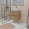 AURLANE - Meuble Salle de Bains 80cm 2 Tiroirs Chêne Naturel + Vasque Ronde Diamètre 41cm en Céramique Blanche - vignette