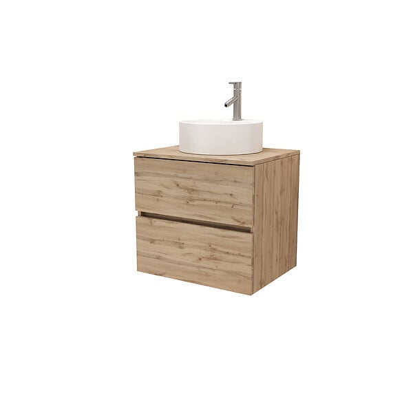 AURLANE - Meuble Salle de Bains 80cm 2 Tiroirs Chêne Naturel + Vasque Ronde Diamètre 41cm en Céramique Blanche - large