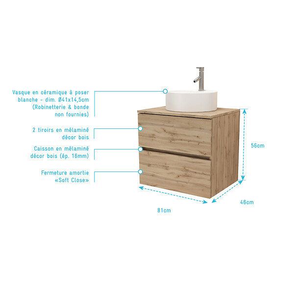 AURLANE - Meuble Salle de Bains 80cm 2 Tiroirs Chêne Naturel + Vasque Ronde Diamètre 41cm en Céramique Blanche - large