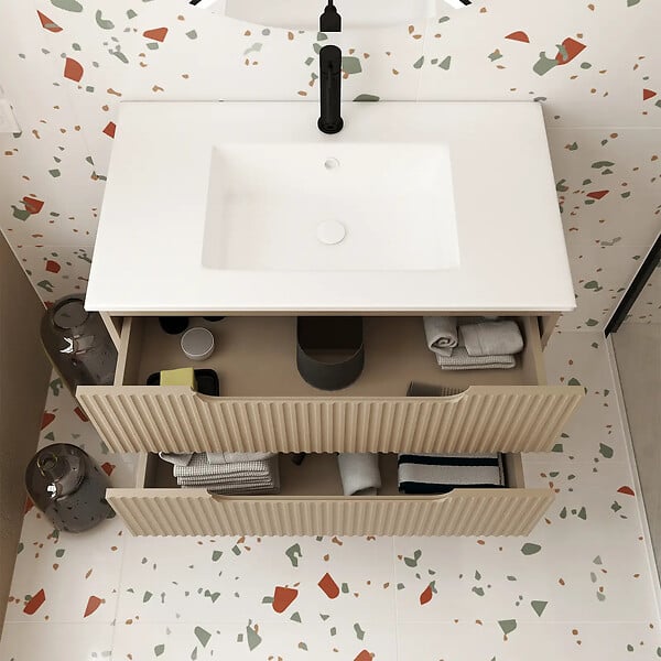 AURLANE - Meuble de Salle de Bains LEON 80cm Marron Glace - 2 Tiroirs en MDF Ondulés - Vasque à encastrer - large
