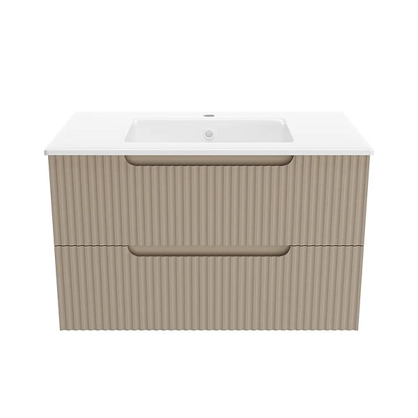AURLANE - Meuble de Salle de Bains LEON 80cm Marron Glace - 2 Tiroirs en MDF Ondulés - Vasque à encastrer - large